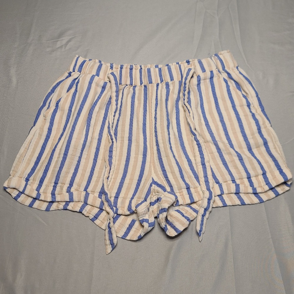 SO Soft Shorts Womens XL Blue Tan Striped High Rise Cotton‎ Gauze Coastal Beach
